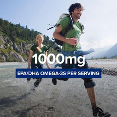 Close-up of GNC Triple Strength Fish Oil softgels, easy-to-swallow with enteric coating.