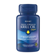 GNC Triple Strength Krill Oil bottle on shelf for daily wellness.