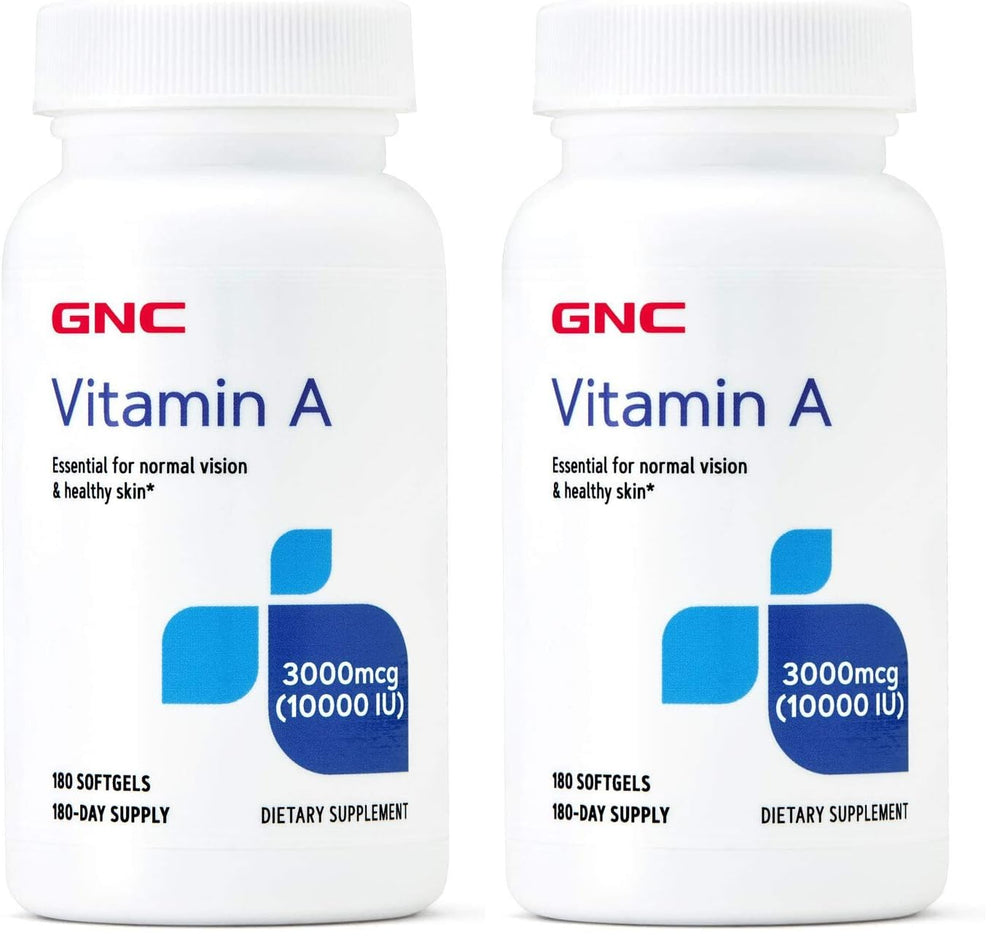 GNC Vitamin A 3000mcg softgel bottle showing a 180-day supply for vision and skin support.
