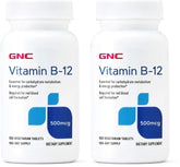GNC Vitamin B-12 500mcg bottle displays energy-support formula on clean label.