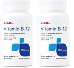 GNC Vitamin B-12 500mcg bottle displays energy-support formula on clean label.