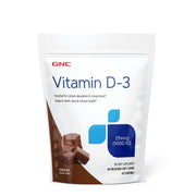 GNC Vitamin D-3 soft chews bottle for daily wellness with chocolate flavor.
