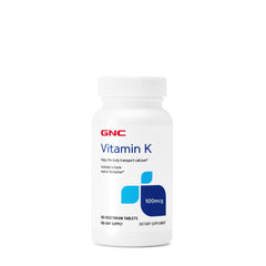 GNC Vitamin K 100mcg bottle front shows 180 tablets for calcium transport support