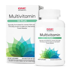 GNC Women’s 50 Plus multivitamin caplets bottle shows daily energy and immune support.