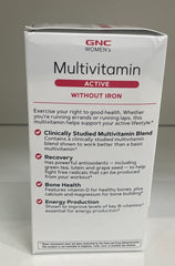 GNC Women's Active No Iron nutrition facts panel with 30+ nutrients for daily support