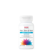 GNC Women's Advanced Hair, Skin & Nails bottle showing biotin-rich multivitamin support for daily beauty