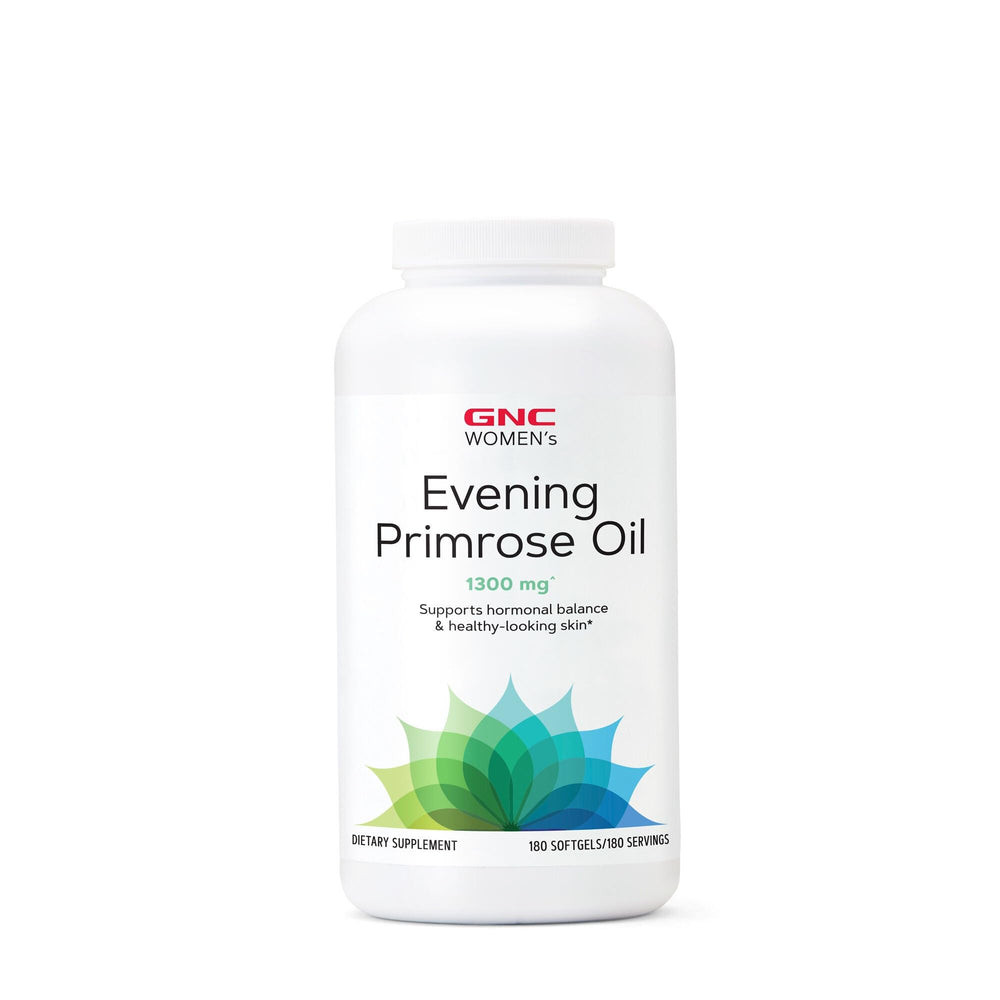 GNC Women's Evening Primrose Oil bottle cap image showing easy-to-swallow softgels for hormonal balance support.