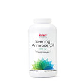 GNC Women's Evening Primrose Oil bottle cap image showing easy-to-swallow softgels for hormonal balance support.
