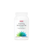 GNC Women's Evening Primrose Oil bottle close-up, showcasing capsules for hormonal balance and skin health.