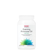 GNC Women's Evening Primrose Oil bottle close-up, showcasing capsules for hormonal balance and skin health.
