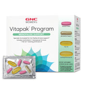GNC Women’s Menopause Support Vitapak packaging shows four-in-one daily packs for balance.