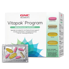 GNC Women’s Menopause Support Vitapak packaging shows four-in-one daily packs for balance.