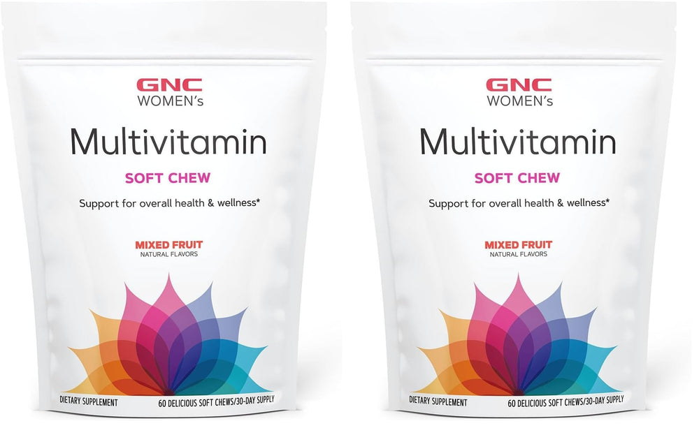 GNC Women's Multivitamin Soft Chew bottle front shows mixed fruit flavor for daily energy