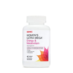 GNC Women's Ultra Mega Energy nutrition label close-up indicating broad vitamin support.