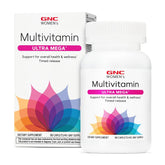 GNC Women's Ultra Mega bottle front view emphasizing broad nutrient support for daily energy