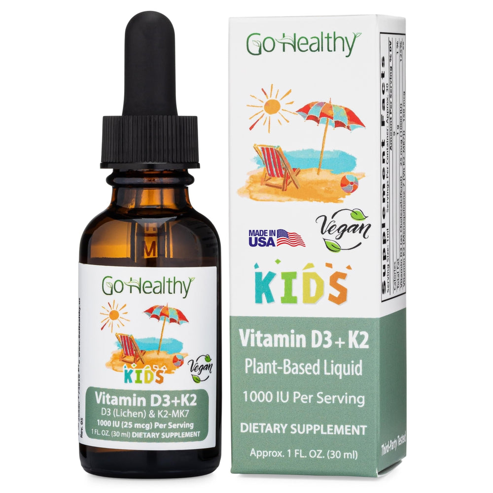 Go Healthy Kids D3 K2 vanilla drops bottle shown for growth support and easy dosing.