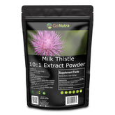 Go Nutra Milk Thistle powder bottle shows 10:1 extract for potential antioxidant support.