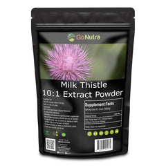Go Nutra Milk Thistle powder bottle shows 10:1 extract for potential antioxidant support.