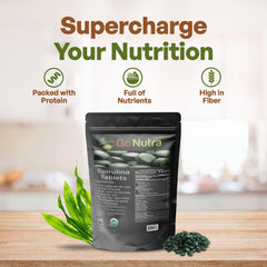 Closeup of Go Nutra spirulina tablets highlighting compact, easy-to-swallow form