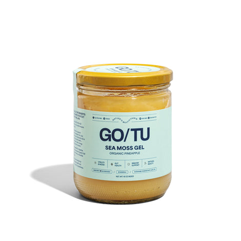 GO/TU Sea Moss Gel pineapple bottle shows pure, shelf-stable vitality for daily wellness.
