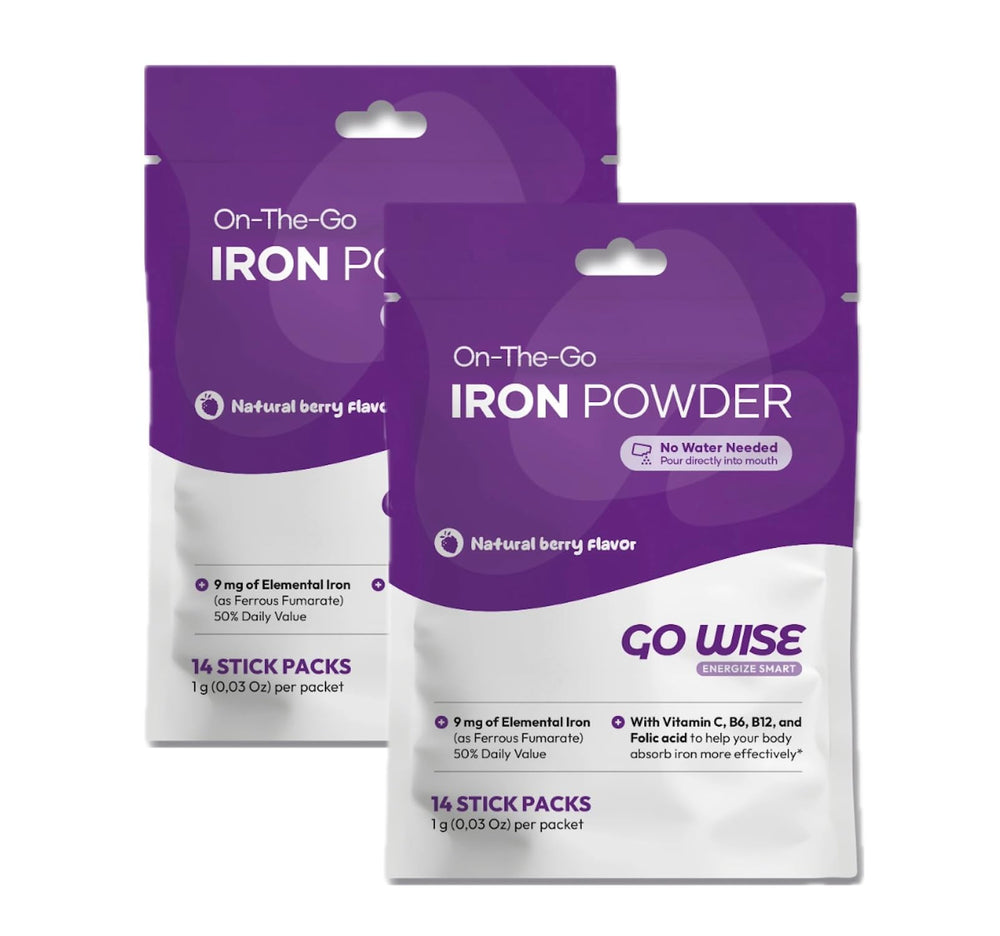 Go Wise Iron powder 14-stick packs front view, convenient daily iron source.
