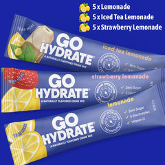 GoHydrate lemonade packet being poured into water for quick refreshment.