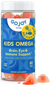GOJOY Naturals Kids Omega 3 Gummies bottle front view, plant-based DHA for daily nutrition.