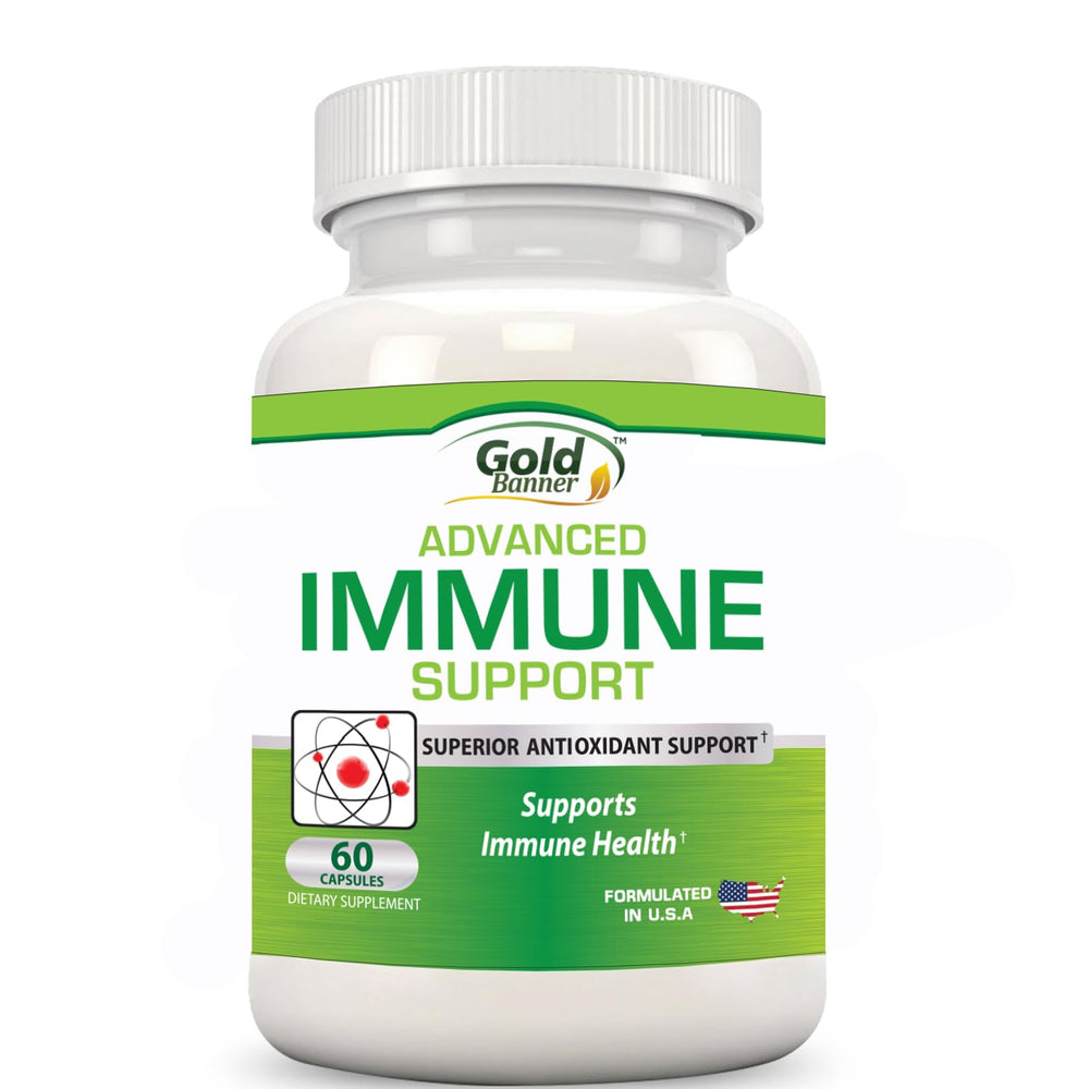 Gold Banner Immune Support bottle front showcases the antioxidant-rich formula for daily wellness