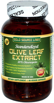 Gold Source Labs olive leaf extract bottle with 90 vegan capsules for immune support.