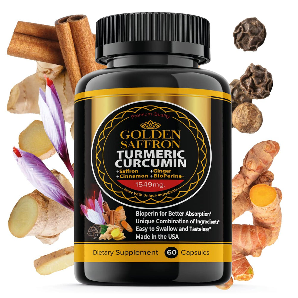 GOLDEN SAFFRON bottle displaying turmeric blend for daily wellness.