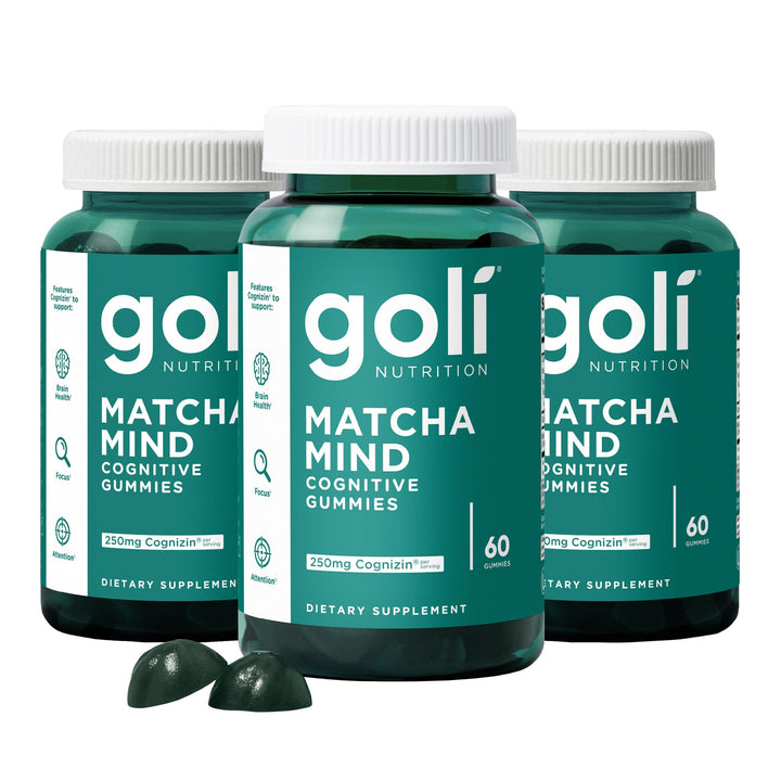Goli Matcha Mind Gummies bottle front promoting daily focus support.