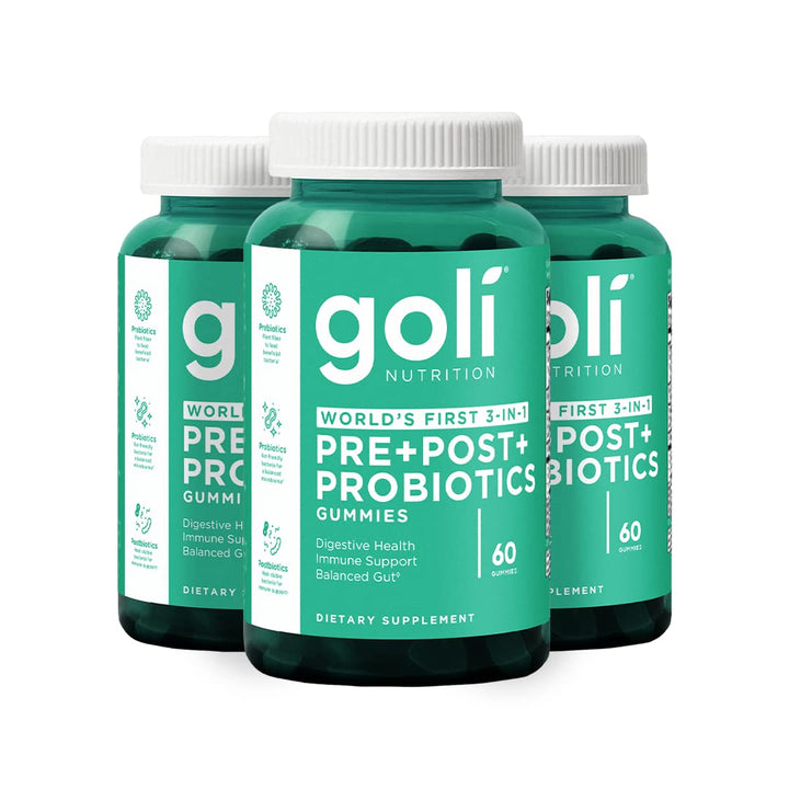 Goli Pre+Post+Probiotics gummy bottle showcases a vegan, gluten-free daily probiotic option.