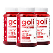 Goli bottles front view showing three-pack and zero-sugar benefit