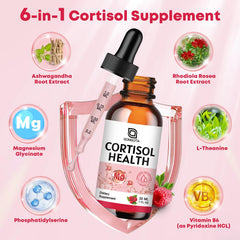 GONGOTA Cortisol bottle side label highlights magnesium and ashwagandha benefits.