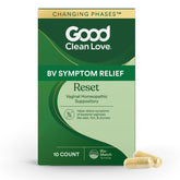 Good Clean Love Reset box label shows discreet packaging for at-home feminine care.
