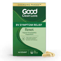 Good Clean Love Reset box label shows discreet packaging for at-home feminine care.