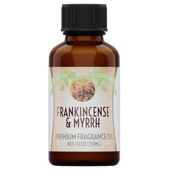 Good Essential frankincense and myrrh fragrance oil bottle for diffusers and candles, long-lasting aroma.