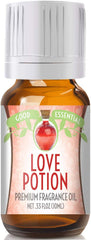 Good Essential Love Potion fragrance oil in amber bottle with eurodropper, ideal for diffusers and homemade products.