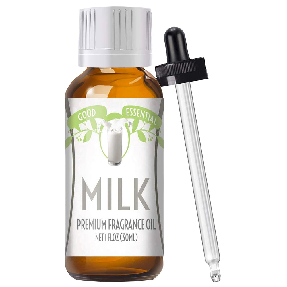 Good Essential milk fragrance oil bottle in amber glass, ideal for diffusers and candles.