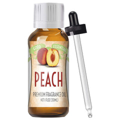 Good Essential Peach Fragrance Oil bottle pour for a fresh, inviting aroma.