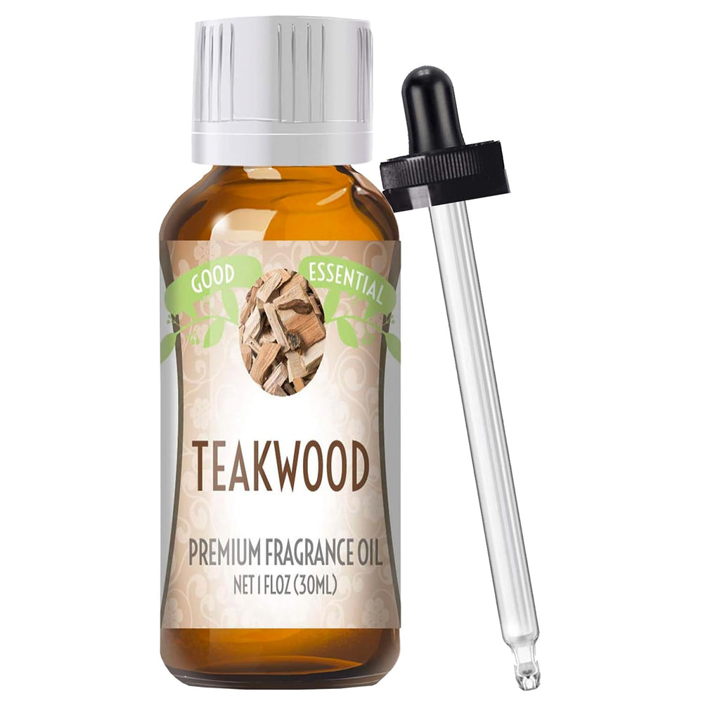 Good Essential Teakwood fragrance oil dropper for candles and diffusers enhances cozy, woody ambiance.