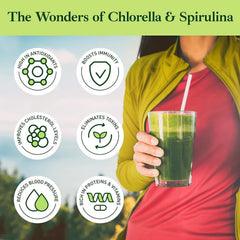 Closeup of Good Natured powder bag shows chlorella-spirulina mix for nutrient-dense daily support.