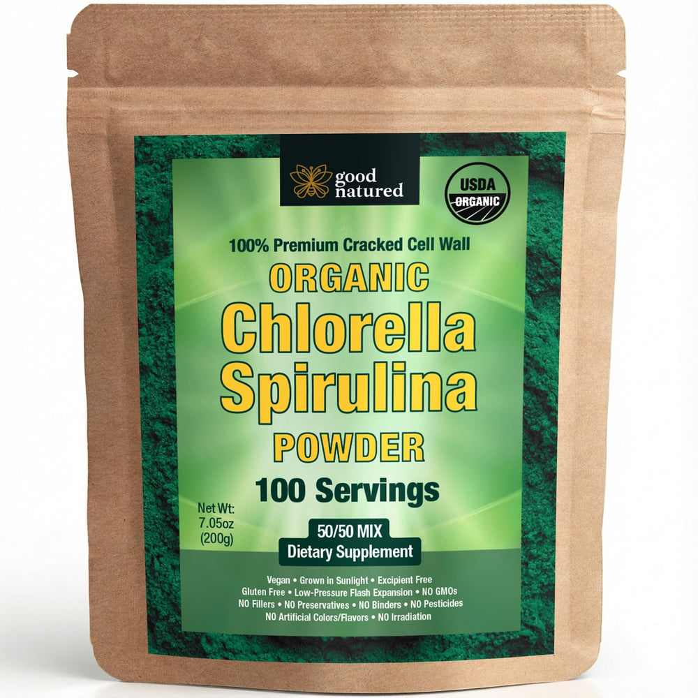 Good Natured spirulina-chlorella powder bottle offers daily nourishment via organic blend.