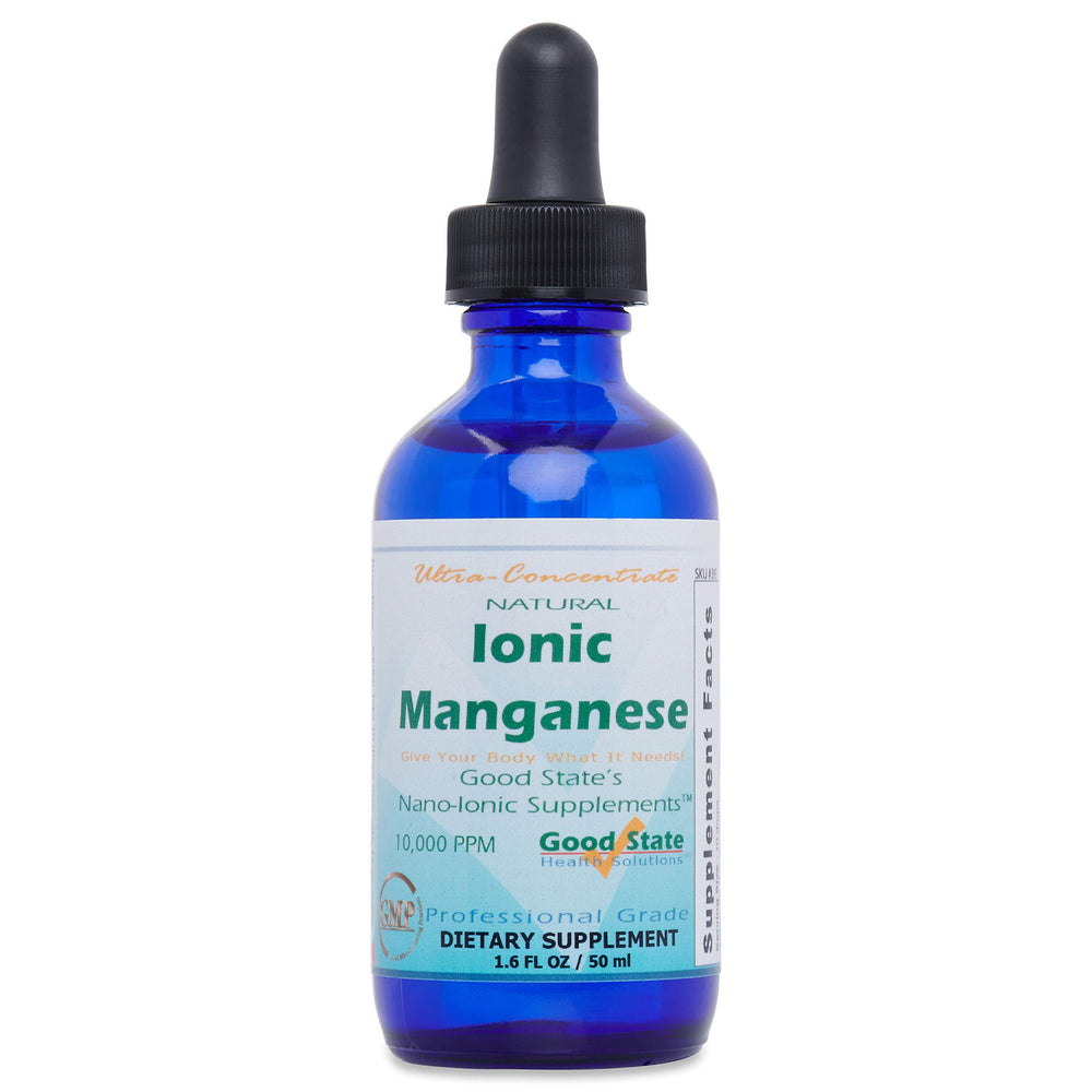 Good State natural ionic manganese liquid bottle with an easy-dose dropper for daily mineral support.