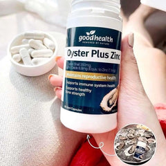 Close-up of Goodhealth Oyster Plus capsules showing zinc-rich marine nutrients