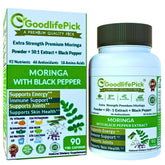 GoodlifePick Moringa capsules bottle showing 50x potency for natural energy support.