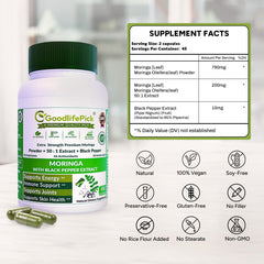 GoodlifePick Moringa capsules with black pepper extract for enhanced absorption.