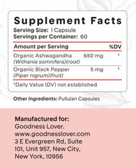 Goodness Lover Ashwagandha bottle pour showing capsules for daily calm