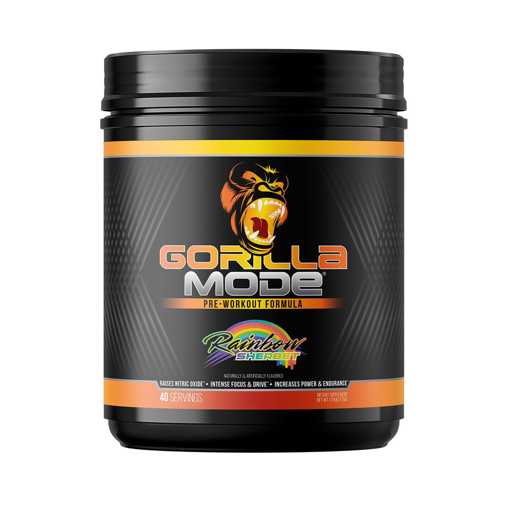 Gorilla Mind Gorilla Mode pre-workout tub showing energy and focus benefits.