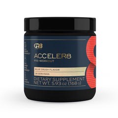 GR8 LIFESTYLE Acceler8 bottle label highlights Blue Crush flavor for on-the-go energy.